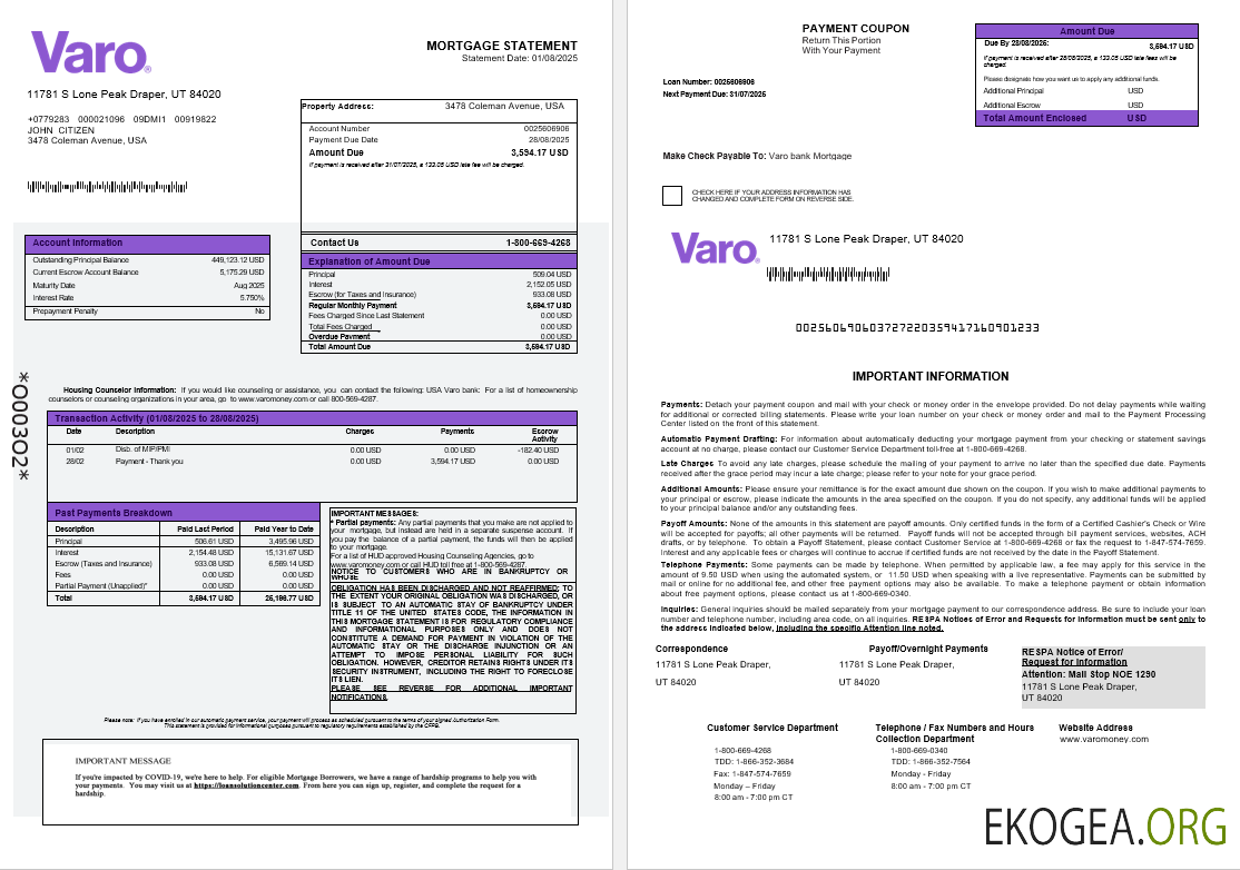 Relevé hypothécaire de la banque USA Varo aux formats Word et PDF 1 , 2